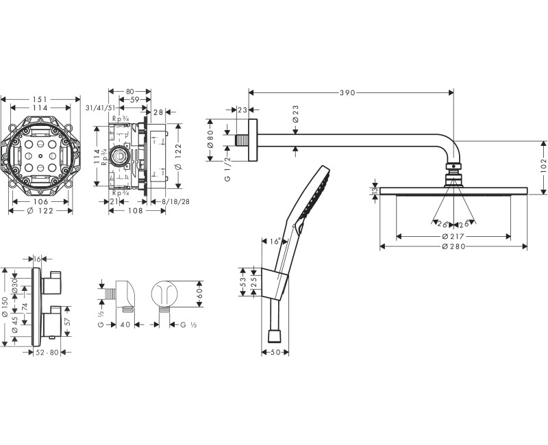 Душевая система Hansgrohe Pulsify 260 2 jet с термостатом ShowerTablet Select 400, матовый черный