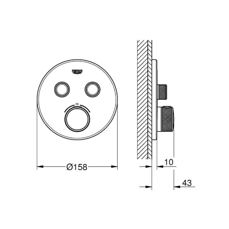 Vannas / Dušas maisītājs Grohe SmartControl round virsapmetuma daļa, ar 2 izejām, supersteel