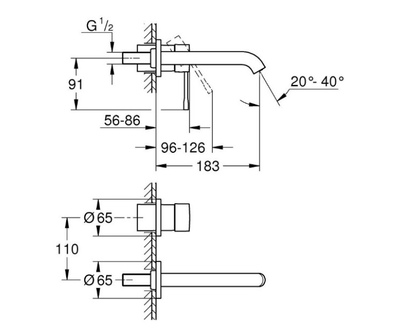 Vannas istabas izlietnes maisītājs Grohe Essence virsapmetuma daļa, 2 caurumu, iztece 183 mm, no sienas, phant