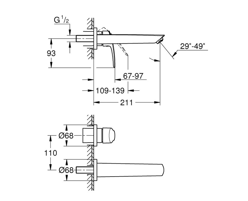 Смеситель для раковины Grohe Eurosmart накладная часть, 2 отверстия, излив 211 мм, со стены, черный матовый