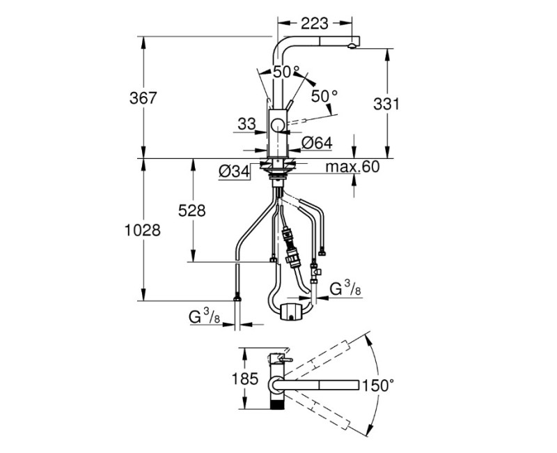 Vitrtuves maisītājs Grohe ar izvelkamo dušu Grohe Blue Pure Minta (bez filtra!), phantom black