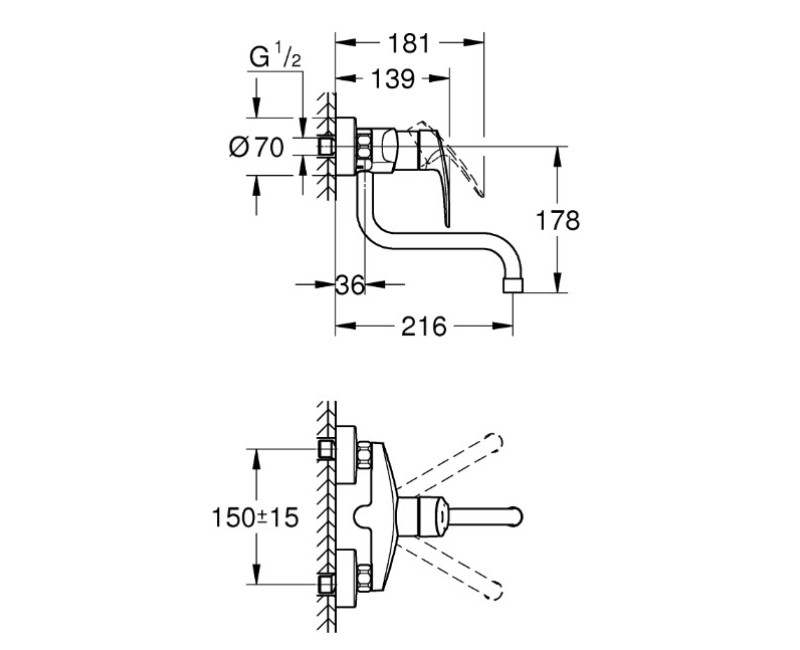 Смеситель для кухни Grohe Eurosmart, излив 216 мм, настенный, хром