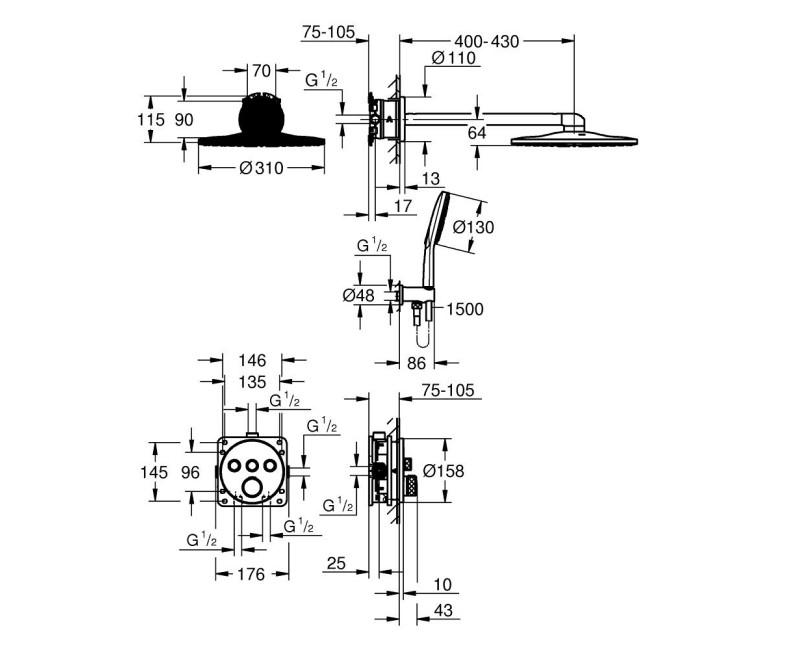 Душевая система Grohe SmartControl Rainshower SmartActive 310, встраиваемая, 3 режима, черный