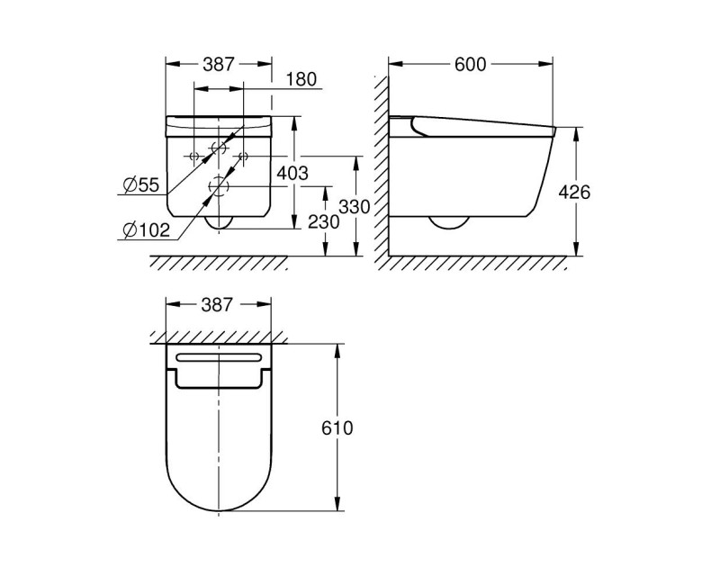 Piekaramais Tualetes pods Grohe Sensia Pro ar vāku, stiprināms pie sienas, 387x610 mm, ar bidē funkciju, balts
