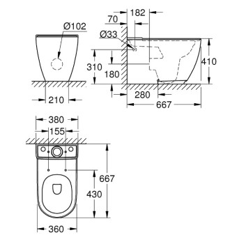 Унитаз Grohe Essence Rimless, 360x667 мм, универсальный слив, белый PG