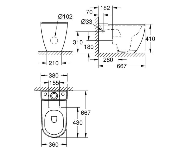 Унитаз Grohe Essence Rimless, 360x667 мм, универсальный слив, белый PG