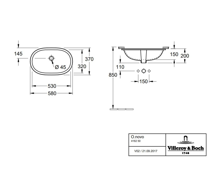 Раковина Villeroy & Boch O.novo, 530x320 мм, под поверхность, белая