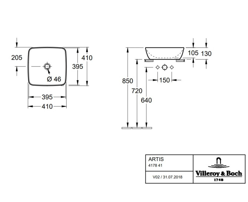 Vannas istabas izlietne Villeroy & Boch Artis, 410x410 mm, uz virsmas, balta