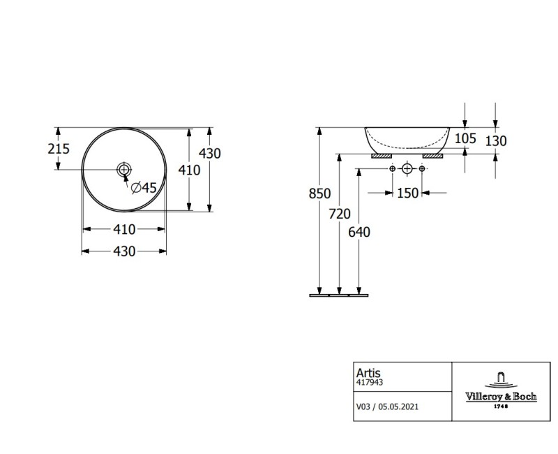 Vannas istabas izlietne Villeroy & Boch  Artis, d=430 mm, uz virsmas, balta