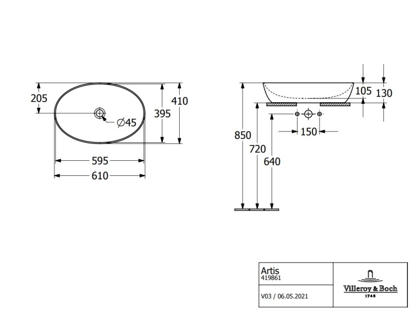 Vannas istabas izlietne Villeroy & Boch Artis, 610x410 mm, uz virsmas, balta CP