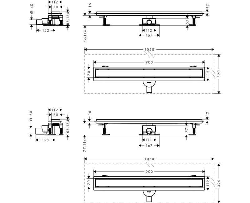 Душевой канал Hansgrohe RainDrain Go, 900 мм, под плитку, матовая нержавеющая сталь