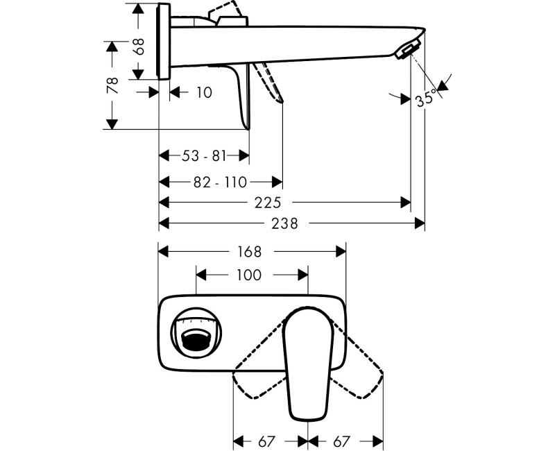 Смеситель для раковины Hansgrohe Tecturis S накладная часть, 2 отверстия, со стены, излив 165 мм, шт.
