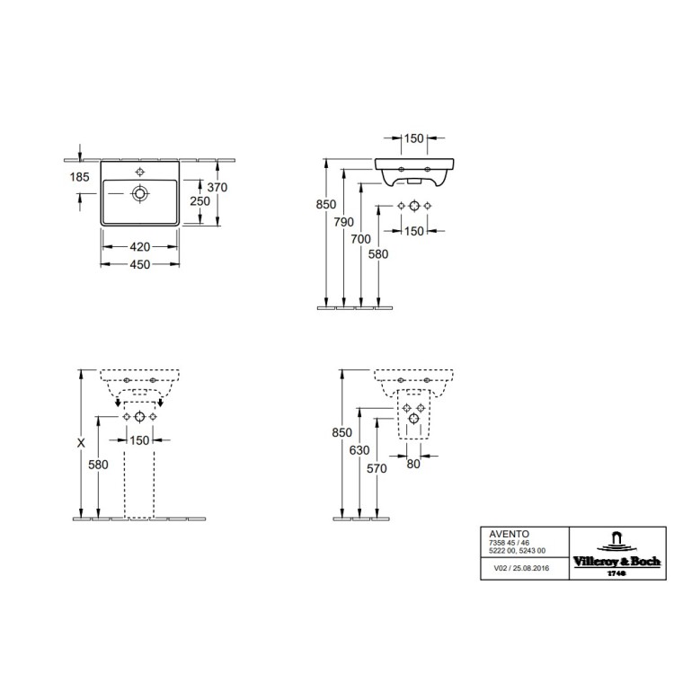 Раковина Villeroy & Boch Avento, 450x370 мм, белый Раковина Villeroy & Boch Avento, 450x370 мм, белый