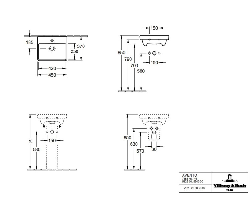 Vannas istabas izlietne Villeroy & Boch Avento, 450x370 mm, balta