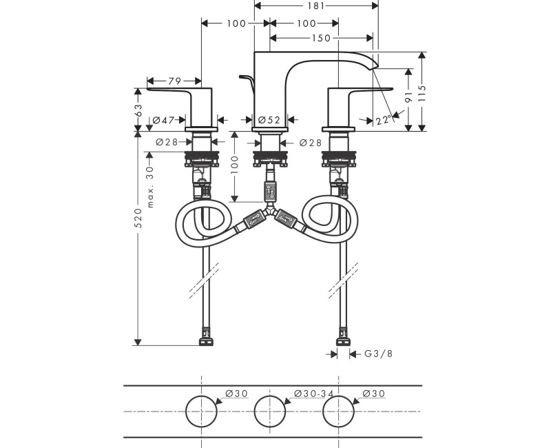 Izlietnes maisītājs Hansgrohe Vivenis 90, ar pop-up, 3 caurumu, uz virsmas, matēts melns