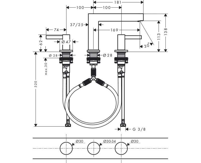 Izlietnes maisītājs Hansgrohe Finoris 110, 3 caurumu, uz  virsmas, ar push-open, matēts melns