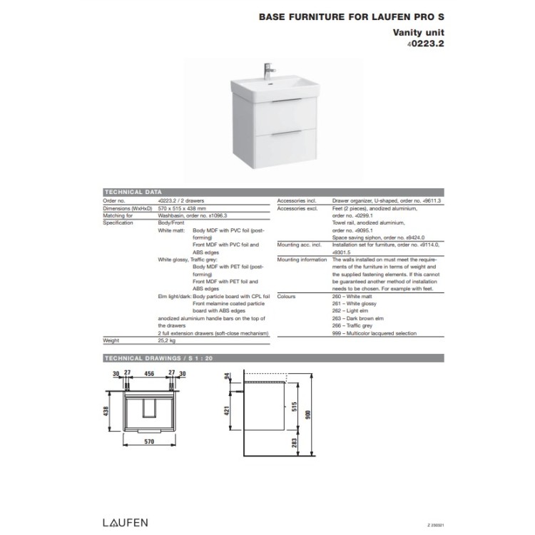 Шкаф для ванной Laufen Base (Pro S), 570х440 мм, h=530 мм, 2А, (Без раковины) матовый белый Шкаф для ванной Laufen Base (Pro S), 570х440 мм, h=530 мм, 2А, (Без раковины) матовый белый