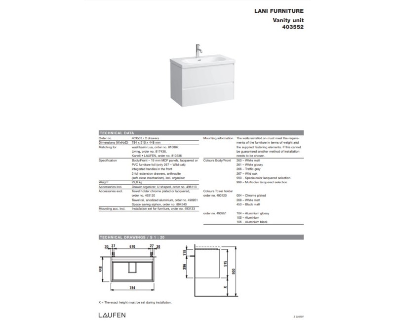 Шкаф для ванной Laufen Lani, 785x440 мм, h=530 мм, 2А, (Без раковины) глянцевый белый