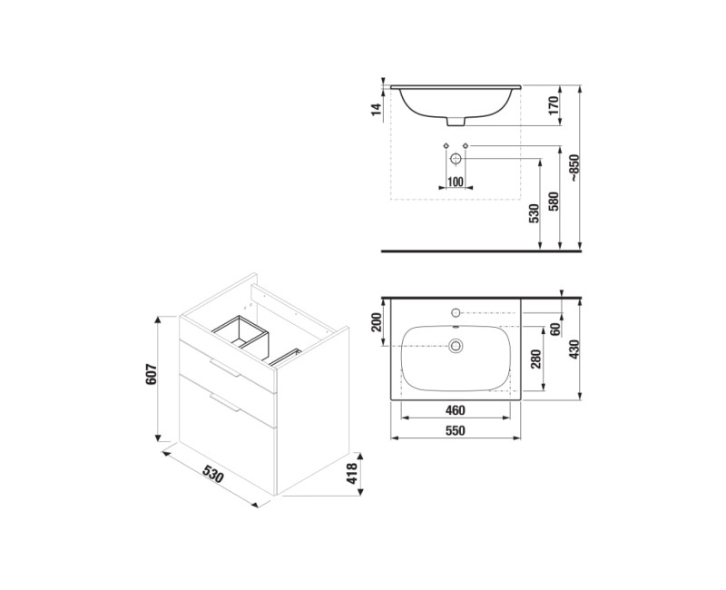 Шкафчик для ванной комнаты с раковиной Jika Deep, 550х430мм, h=607 мм, 2D, ясень
