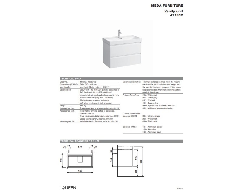 Шкаф для ванной Laufen Meda, 785х450 мм, h=515 мм, 2А, (Без раковины) матовый белый