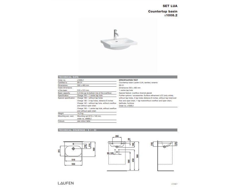 Раковина для ванной Laufen Lua, 550x460 мм, белый