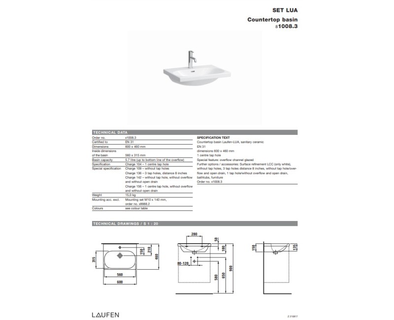 Vannas istabas izlietne Laufen Lua, 600x460 mm, balta