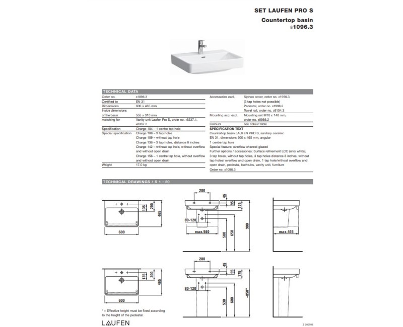 Раковина для ванной Laufen Pro S, 600х465 мм, белый