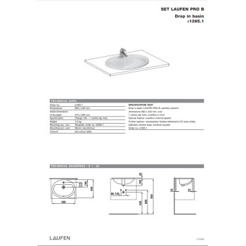 Vannas istabas izlietne Laufen Pro B, 560x440 mm, virsmā, balta