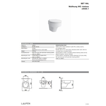 Унитаз Laufen Val Rimless, настенный, 390х530 мм, белый