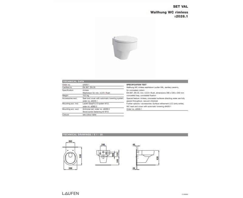 Унитаз Laufen Val Rimless, настенный, 390х530 мм, белый