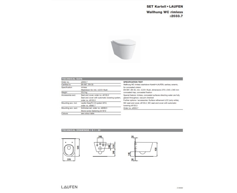 Подвесной унитаз Laufen Kartell Rimless, 370x545 мм, белый