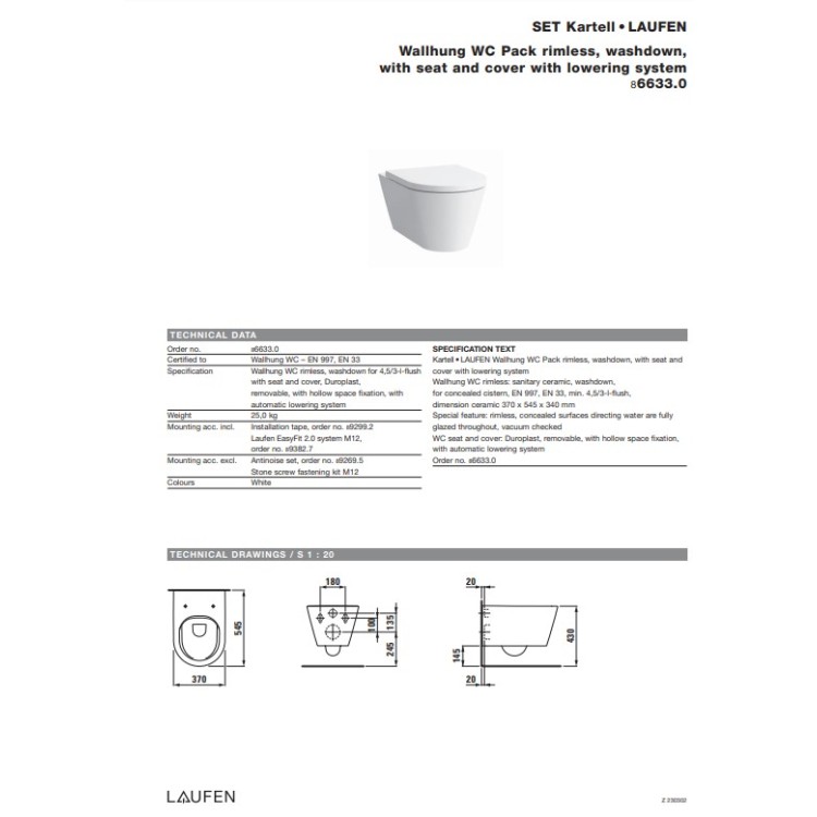 Подвесной унитаз Laufen Kartell Rimless NEW, 370x545 мм, Без крышки белый LCC Подвесной унитаз Laufen Kartell Rimless NEW, 370x545 мм, Без крышки белый LCC