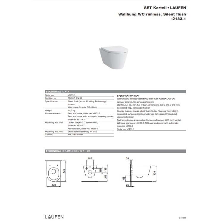 Piekaramais Tualetes pods Laufen Kartell Rimless, Bez vāka, 370x545 mm, silent flush, balts Piekaramais Tualetes pods Laufen Kartell Rimless, Bez vāka, 370x545 mm, silent flush, balts