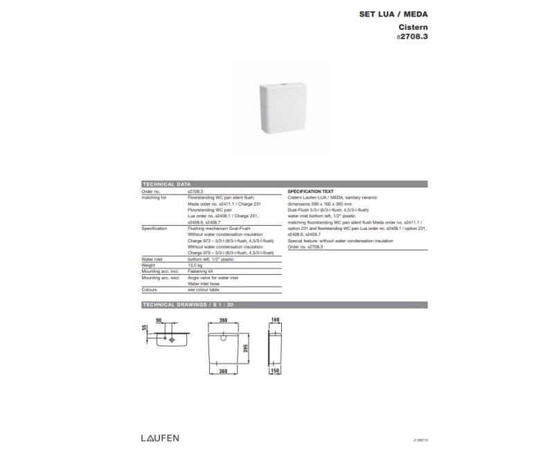 Смывной бачок унитаза Laufen Lua, нижний левый, белый