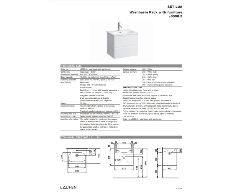 Vannnas istabas skapītis ar izlietni Laufen Lua, 600x455 mm, h=525 mm, 2A, spīdīgs balts