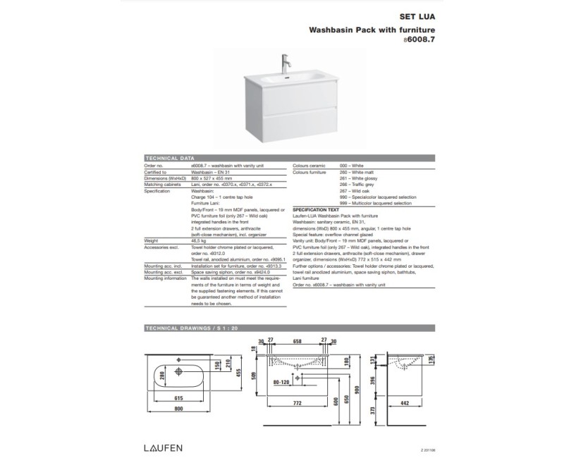 Vannnas istabas skapītis ar izlietni Laufen Lua, 800x455 mm, h=525 mm, 2A, spīdīgs balts