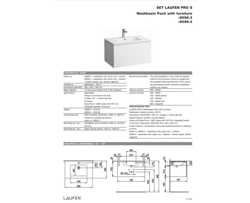 Vannnas istabas skapītis ar izlietni Laufen Pro S, 800x500 mm, h=440 mm, 1A, wenge