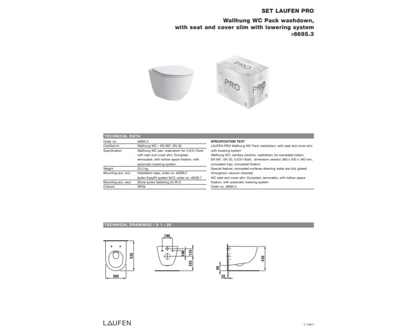 Подвесной унитаз Laufen Pro, SC Slim крышка 360х530 мм, белый