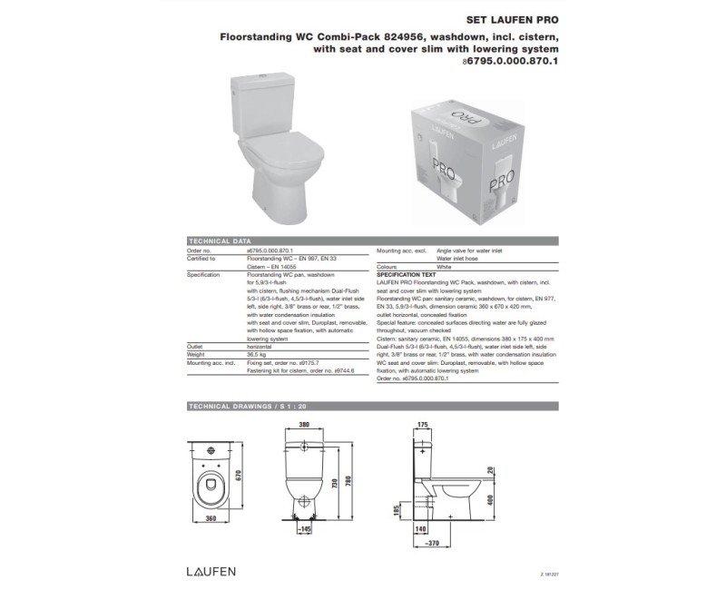 Унитаз Laufen Pro Classic, 360х670 мм, с крышкой SC Slim, выпуск горизонтальный, вход сбоку, белый