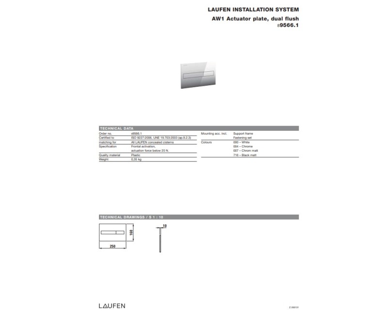 Taustiņš montāžas rāmim Laufen LIS AW1 duo, 250x160 mm, melns