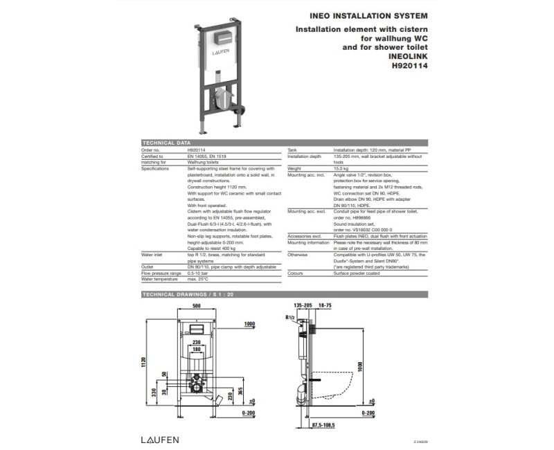 Монтажная рама Laufen Ineo, 500х135 мм, h=1120 мм