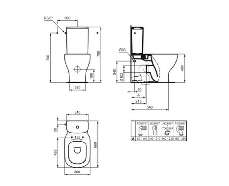 Сиденье для унитаза Ideal Standard Tesi Aquablade, 365x665 мм, универсальный слив, белое
