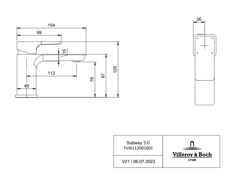Смеситель для ванной Villeroy & Boch Subway 3.0, хром
