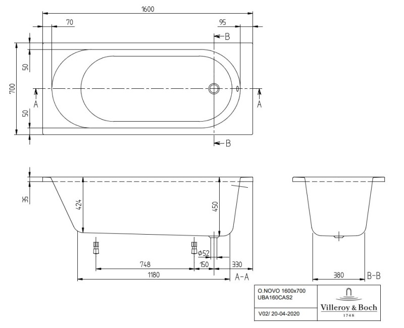 Villeroy & Boch Прямоугольная ванна Oberon Solo 180x80 см, с ножками