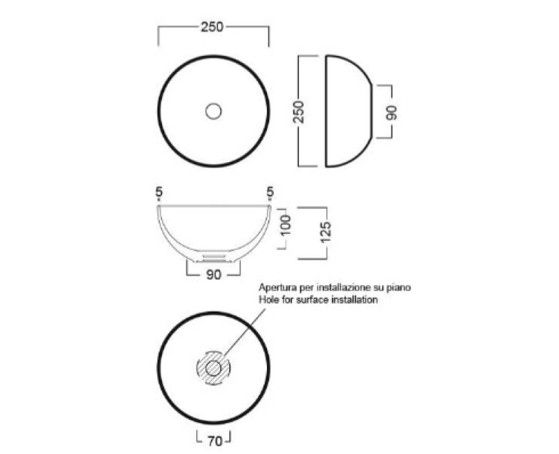 Vannas istabas izlietne Hatria Lavabo 05:00 S uz virsmas Ø 25cm Y5A501, Balta