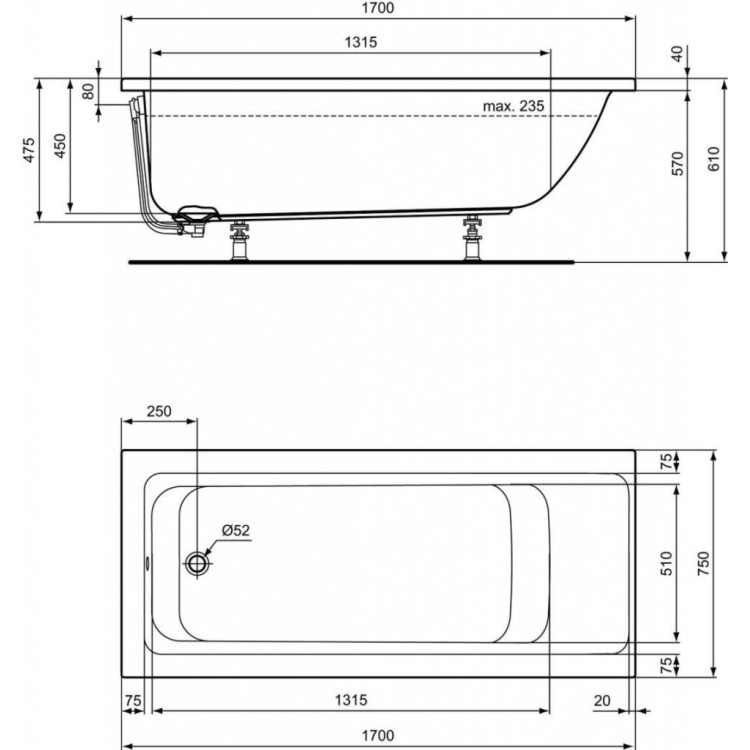 Vanna Ideal Standard Connect Air, 170x75 cm, akrila, balta E106401 Vanna Ideal Standard Connect Air, 170x75 cm, akrila, balta E106401