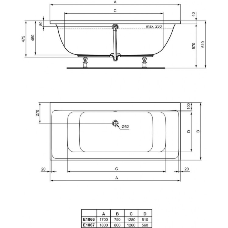Vanna Ideal Standard Connect Air, 180x80 cm, akrila, balta E106701