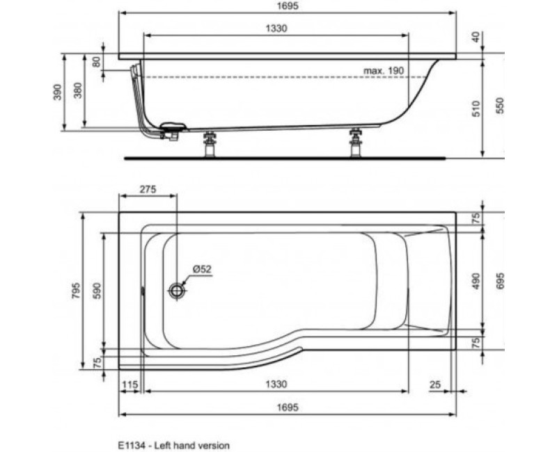 Ванна Ideal Standard Connect Air, 170x80 см, акрил, левая сторона, белая E113401