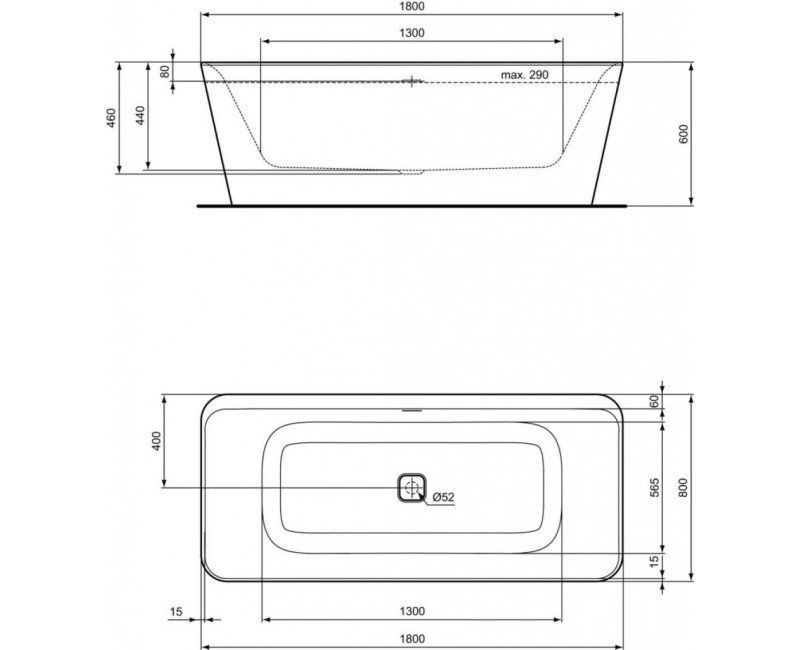 Brīvi stāvoša Vanna Ideal Standard Tonic II, 180x80 cm, lietā akrila, balta E398101