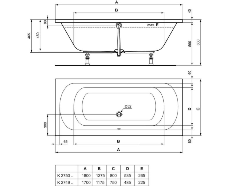 Vanna Ideal Standard Hotline DUO, 180x80 cm, akrila, balta K275001